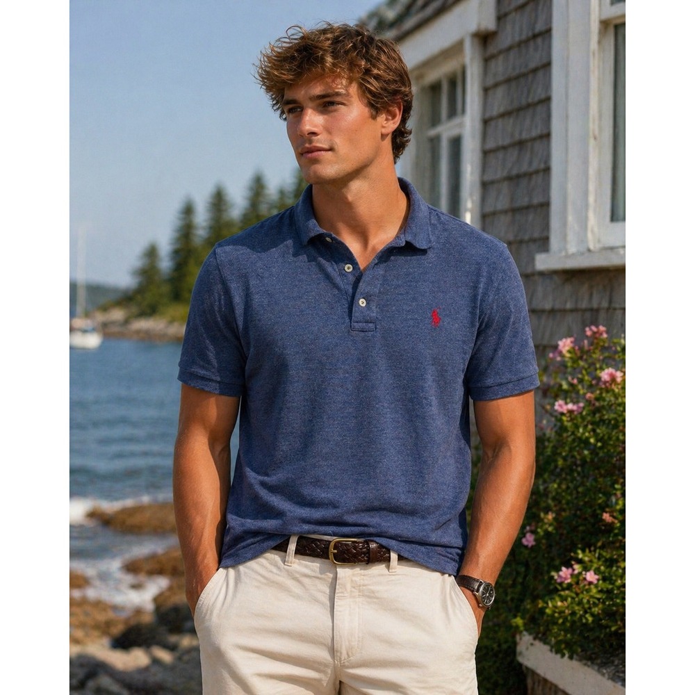 Polo Ralph Lauren Polo Shirt Mens XL Blue Custom Fit Heathered Cotton Pony Logo